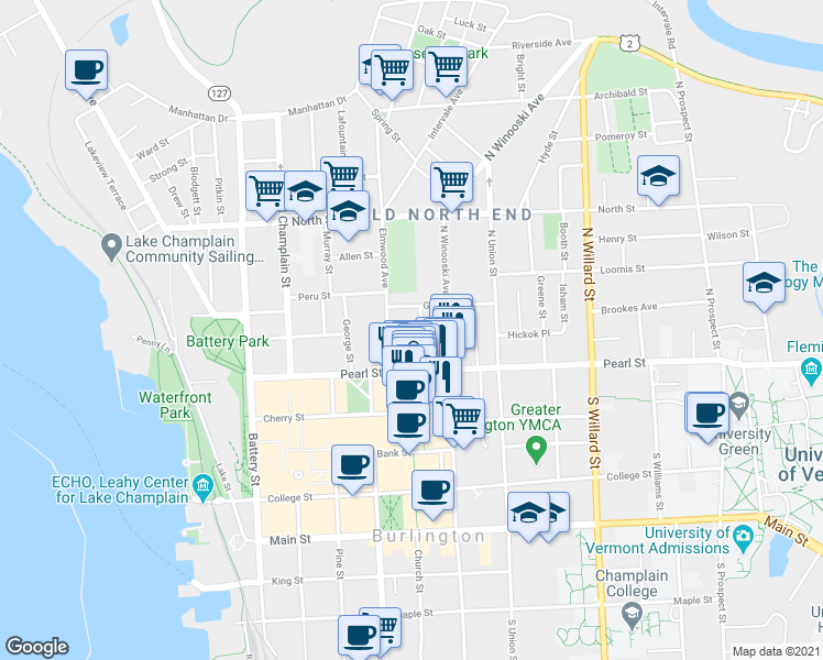 map of restaurants, bars, coffee shops, grocery stores, and more near 16 Clarke Street in Burlington