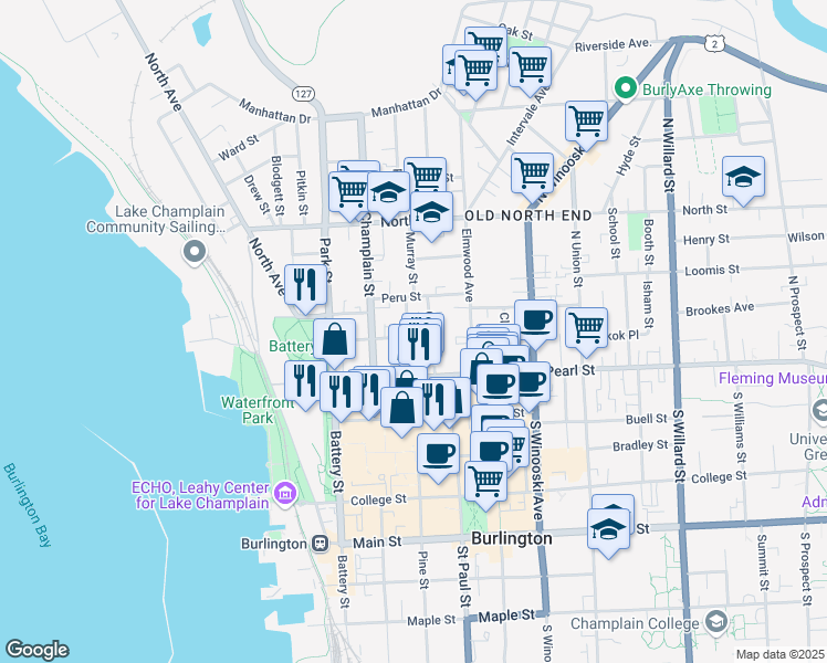 map of restaurants, bars, coffee shops, grocery stores, and more near 65 Monroe Street in Burlington