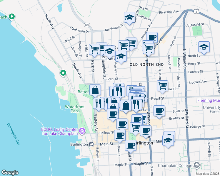 map of restaurants, bars, coffee shops, grocery stores, and more near 65 Monroe Street in Burlington