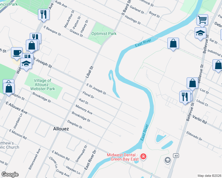 map of restaurants, bars, coffee shops, grocery stores, and more near 636 East Saint Joseph Street in Green Bay