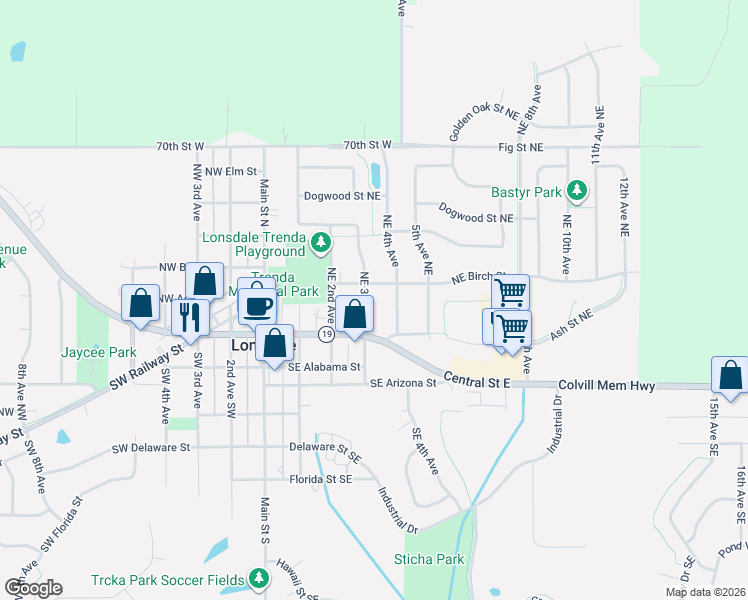 map of restaurants, bars, coffee shops, grocery stores, and more near 115 Northeast 3rd Avenue in Lonsdale