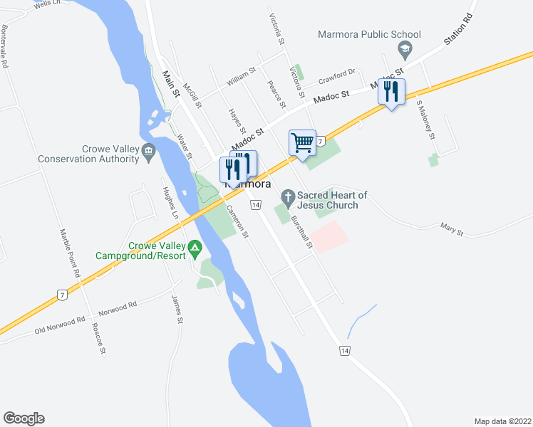 map of restaurants, bars, coffee shops, grocery stores, and more near 52 Forsyth Street in Marmora