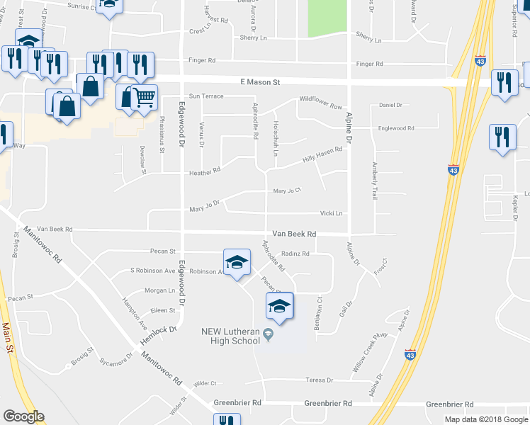 map of restaurants, bars, coffee shops, grocery stores, and more near 1030 Aphrodite Road in Green Bay