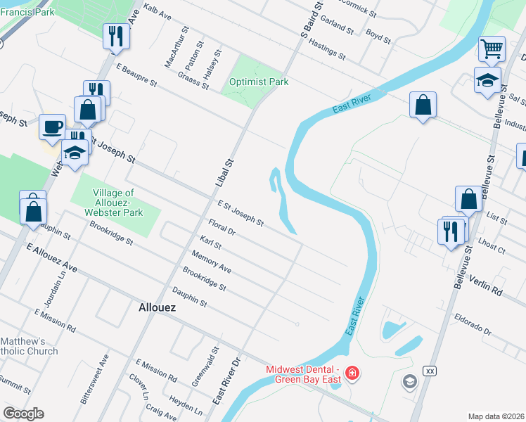 map of restaurants, bars, coffee shops, grocery stores, and more near 636 East Saint Joseph Street in Green Bay