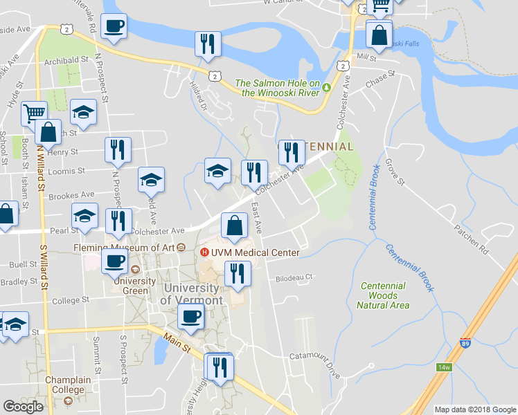 map of restaurants, bars, coffee shops, grocery stores, and more near 155-177 East Avenue in Burlington