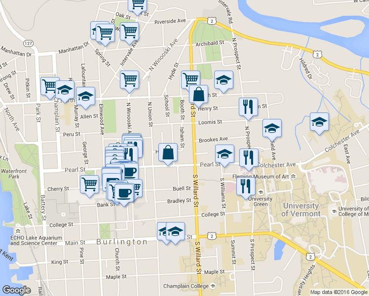 map of restaurants, bars, coffee shops, grocery stores, and more near 11 North Willard Street in Burlington