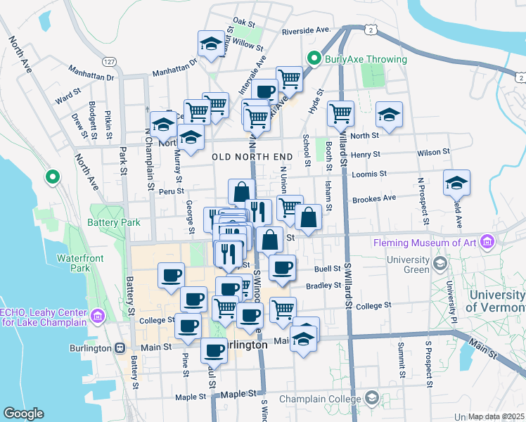 map of restaurants, bars, coffee shops, grocery stores, and more near 21 Lafayette Place in Burlington