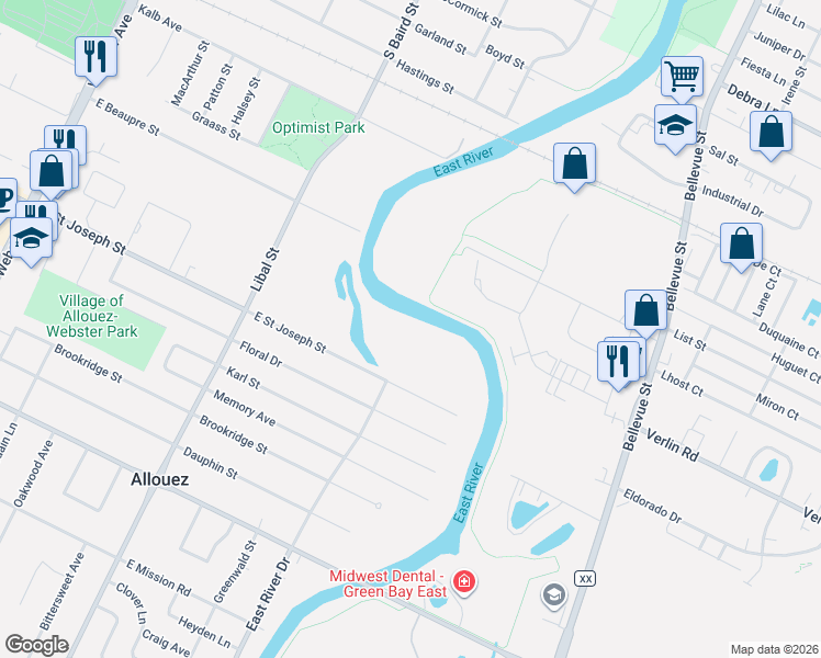 map of restaurants, bars, coffee shops, grocery stores, and more near 700 East Saint Joseph Street in Green Bay