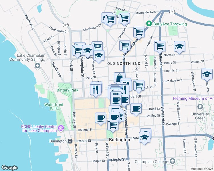 map of restaurants, bars, coffee shops, grocery stores, and more near 43 Elmwood Avenue in Burlington