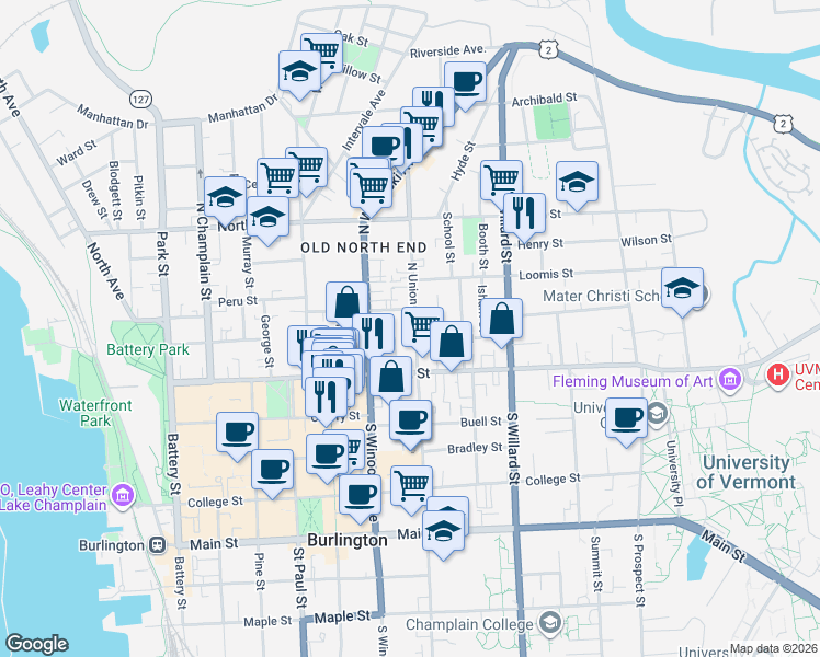 map of restaurants, bars, coffee shops, grocery stores, and more near 5 Loomis Street in Burlington