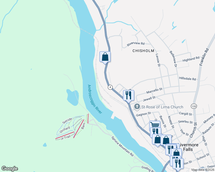 map of restaurants, bars, coffee shops, grocery stores, and more near 51 Main Street in Jay