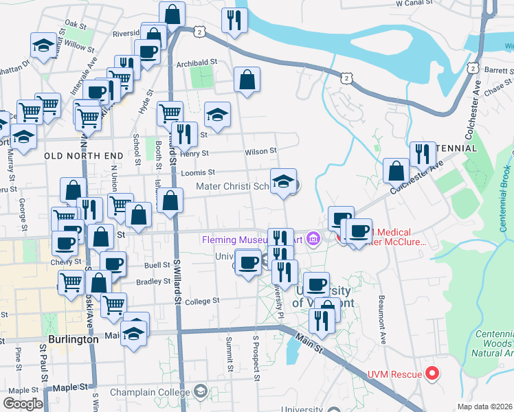 map of restaurants, bars, coffee shops, grocery stores, and more near 70 North Prospect Street in Burlington
