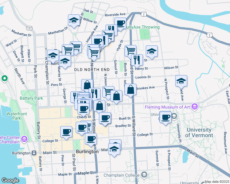map of restaurants, bars, coffee shops, grocery stores, and more near 64 Greene Street in Burlington