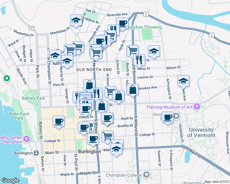 map of restaurants, bars, coffee shops, grocery stores, and more near 5 Loomis Street in Burlington