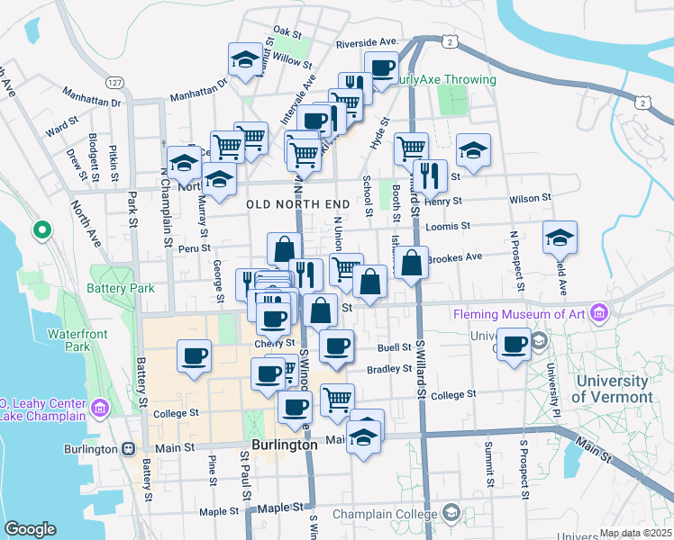 map of restaurants, bars, coffee shops, grocery stores, and more near 5 Loomis Street in Burlington