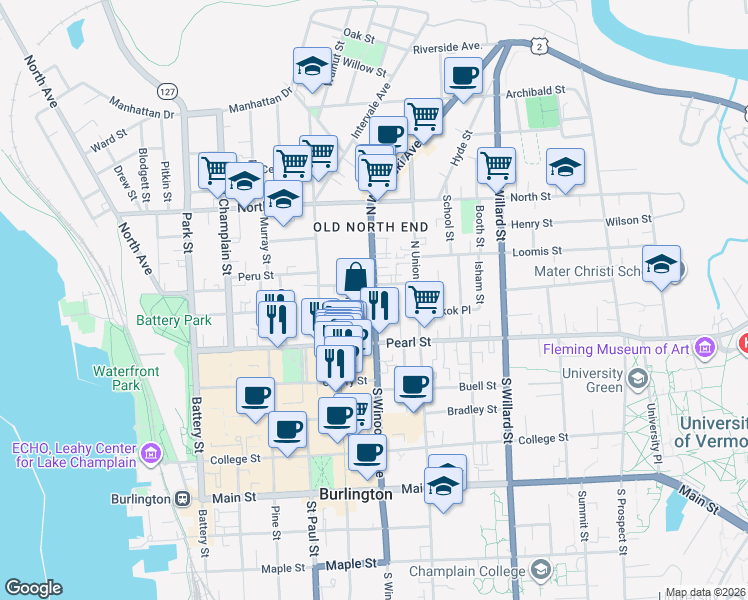 map of restaurants, bars, coffee shops, grocery stores, and more near 42 Grant Street in Burlington