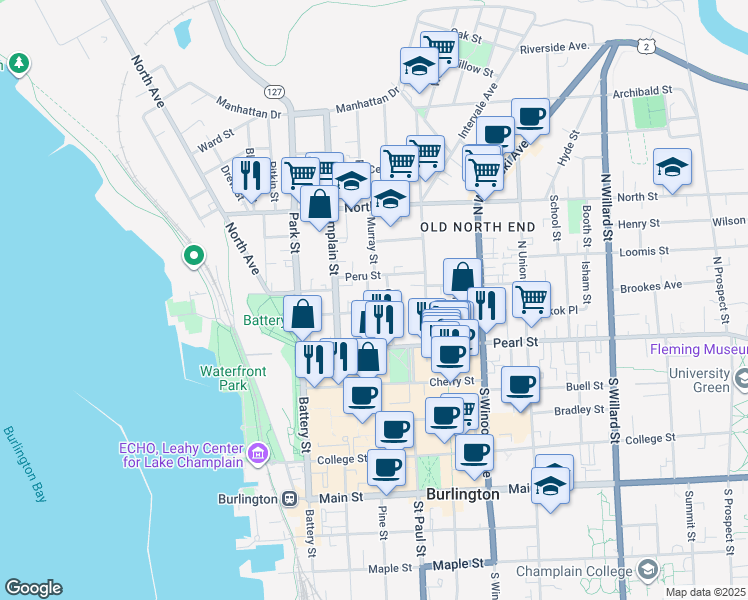 map of restaurants, bars, coffee shops, grocery stores, and more near 25 Peru Street in Burlington