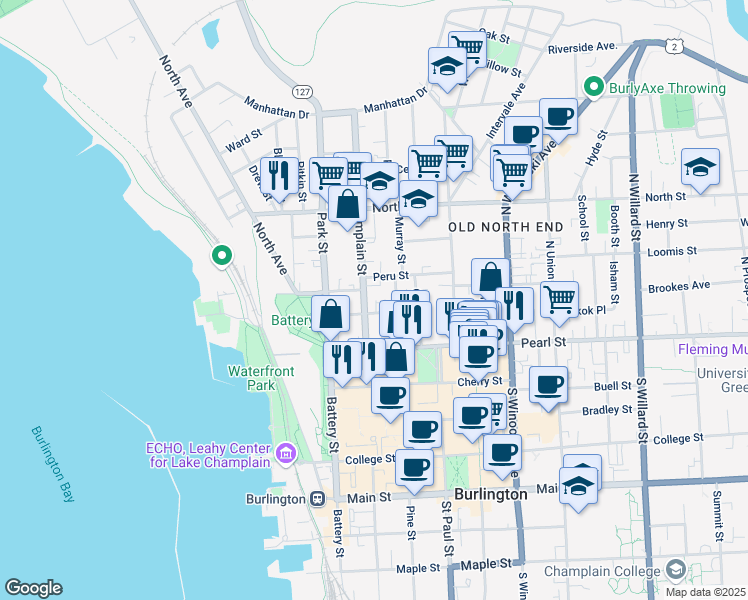 map of restaurants, bars, coffee shops, grocery stores, and more near 25 Peru Street in Burlington