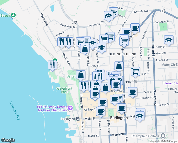 map of restaurants, bars, coffee shops, grocery stores, and more near 69 North Champlain Street in Burlington