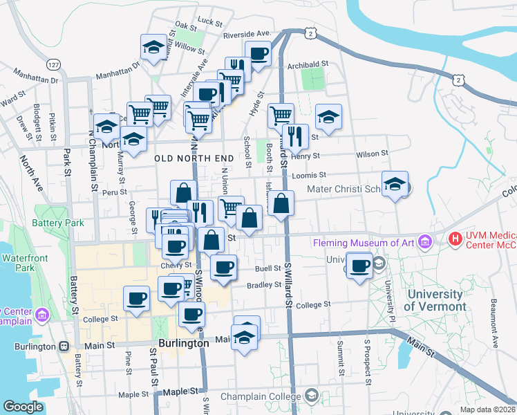 map of restaurants, bars, coffee shops, grocery stores, and more near 38 Greene Street in Burlington