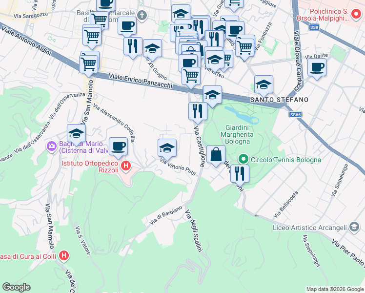 map of restaurants, bars, coffee shops, grocery stores, and more near 24-30 Via delle Rose in Bologna