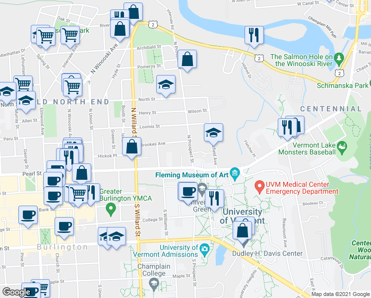 map of restaurants, bars, coffee shops, grocery stores, and more near 59 North Prospect Street in Burlington