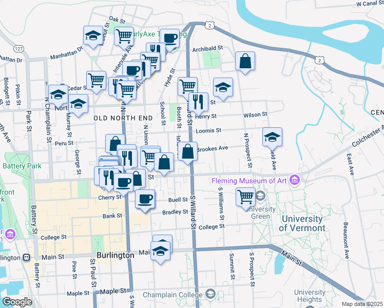 map of restaurants, bars, coffee shops, grocery stores, and more near 61 North Willard Street in Burlington