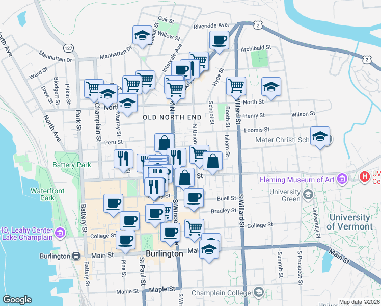 map of restaurants, bars, coffee shops, grocery stores, and more near 78 Grant Street in Burlington