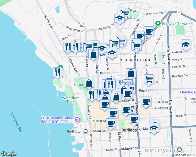 map of restaurants, bars, coffee shops, grocery stores, and more near 65 North Champlain Street in Burlington
