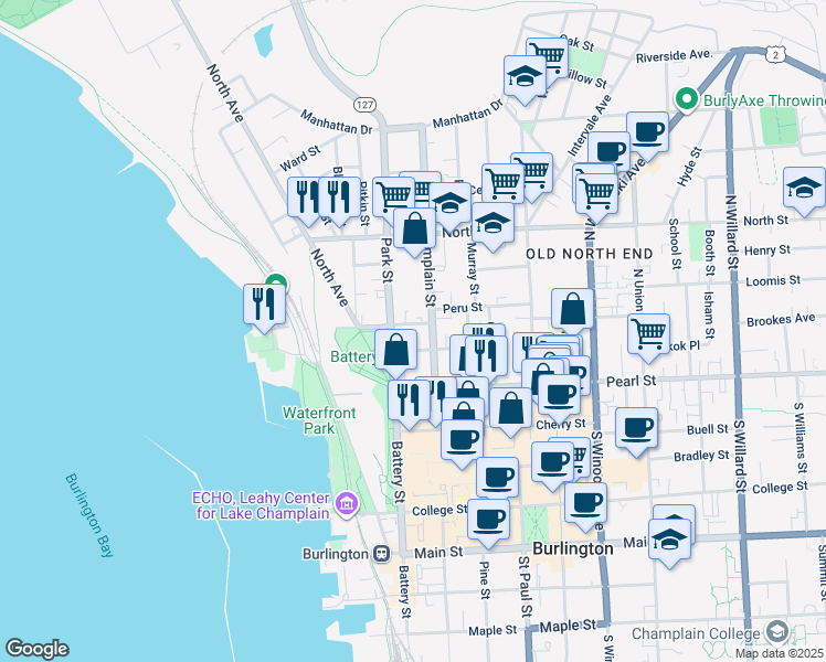 map of restaurants, bars, coffee shops, grocery stores, and more near 65 North Champlain Street in Burlington