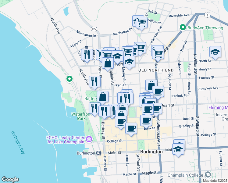 map of restaurants, bars, coffee shops, grocery stores, and more near 50 North Champlain Street in Burlington