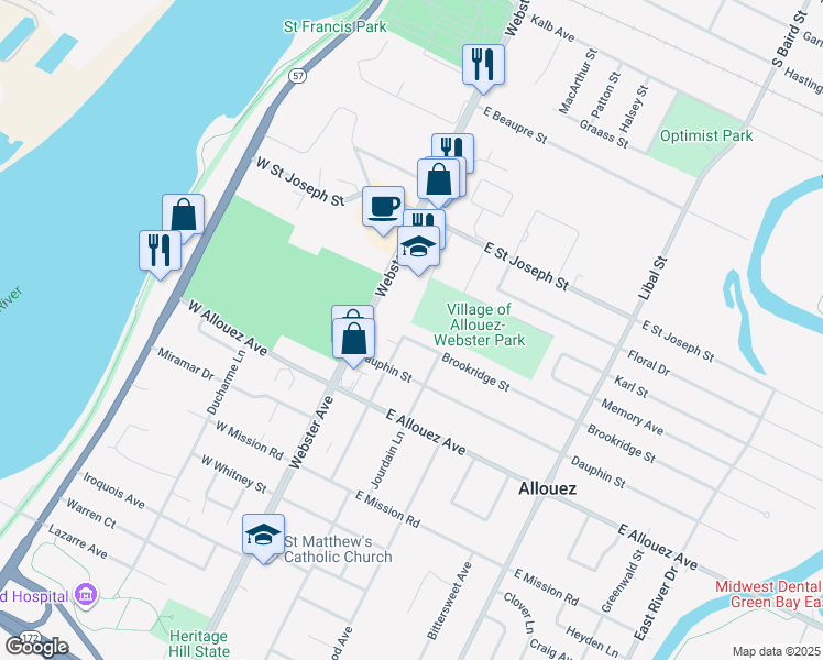 map of restaurants, bars, coffee shops, grocery stores, and more near 141 Brookridge Street in Green Bay