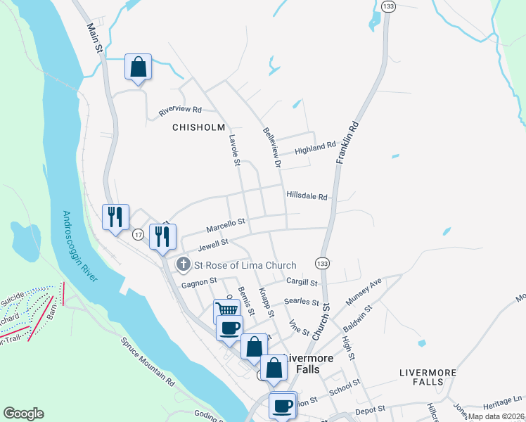 map of restaurants, bars, coffee shops, grocery stores, and more near 45 Elm Street in Jay