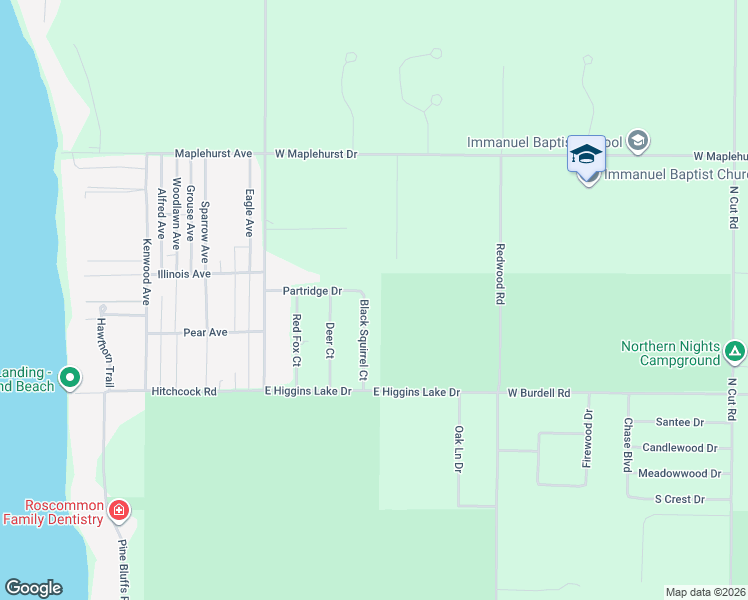 map of restaurants, bars, coffee shops, grocery stores, and more near 109 Black Squirrel Court in Roscommon