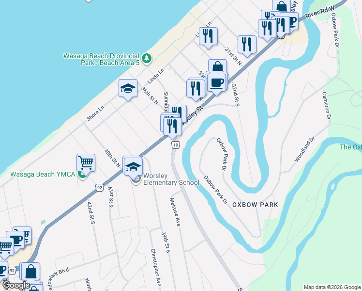 map of restaurants, bars, coffee shops, grocery stores, and more near 1555 Mosley Street in Wasaga Beach