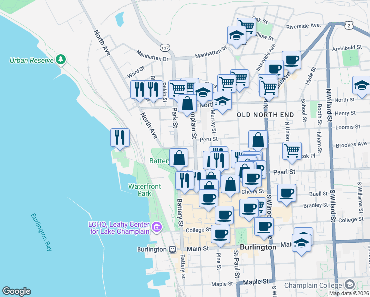 map of restaurants, bars, coffee shops, grocery stores, and more near 65 North Champlain Street in Burlington
