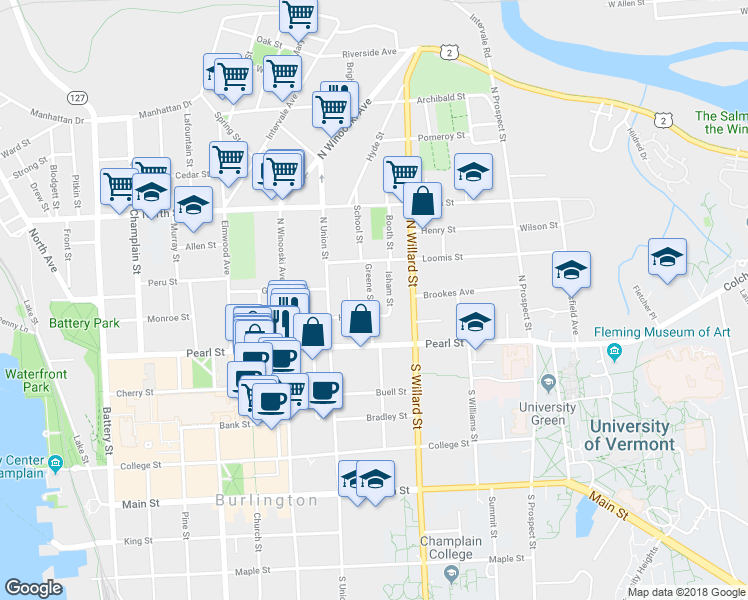 map of restaurants, bars, coffee shops, grocery stores, and more near 44 Greene Street in Burlington