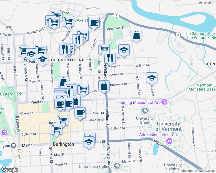 map of restaurants, bars, coffee shops, grocery stores, and more near 46 North Willard Street in Burlington