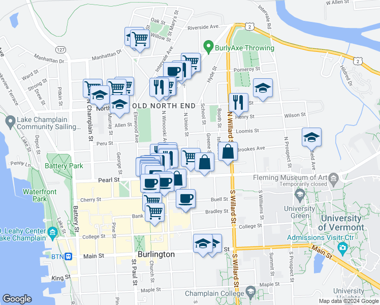 map of restaurants, bars, coffee shops, grocery stores, and more near 52 North Union Street in Burlington
