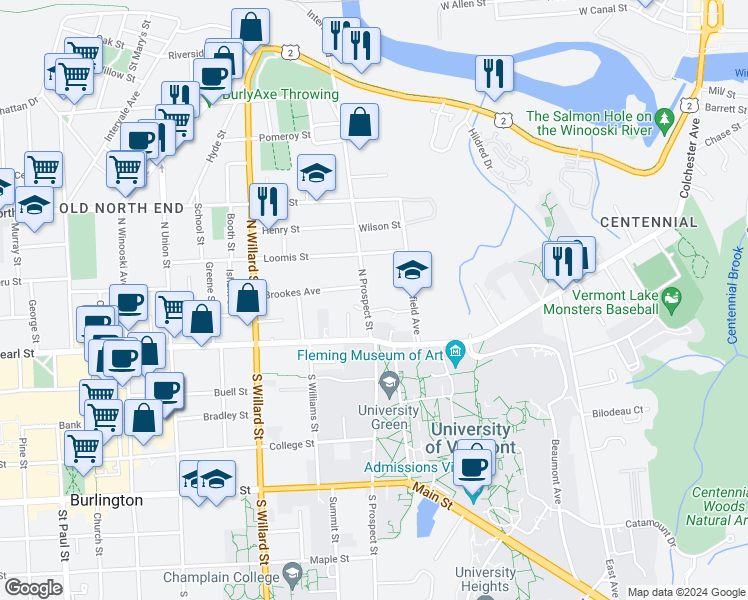 map of restaurants, bars, coffee shops, grocery stores, and more near 70 North Prospect Street in Burlington