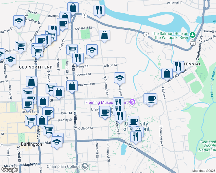 map of restaurants, bars, coffee shops, grocery stores, and more near 70 North Prospect Street in Burlington