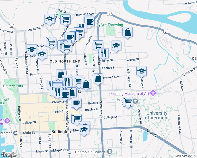 map of restaurants, bars, coffee shops, grocery stores, and more near 61 North Willard Street in Burlington