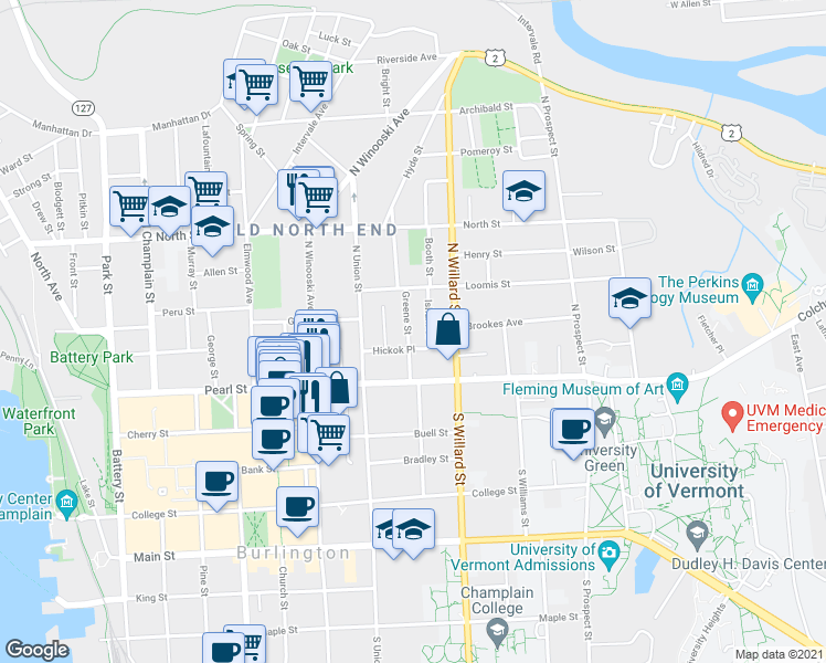 map of restaurants, bars, coffee shops, grocery stores, and more near 64 Greene Street in Burlington