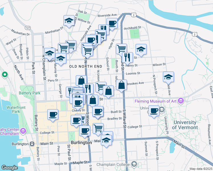 map of restaurants, bars, coffee shops, grocery stores, and more near 5 Loomis Street in Burlington