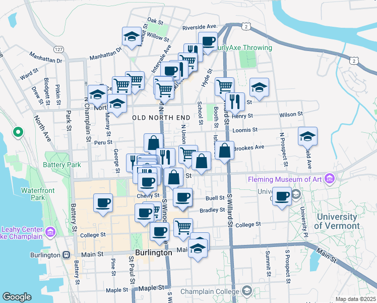 map of restaurants, bars, coffee shops, grocery stores, and more near 5 Loomis Street in Burlington