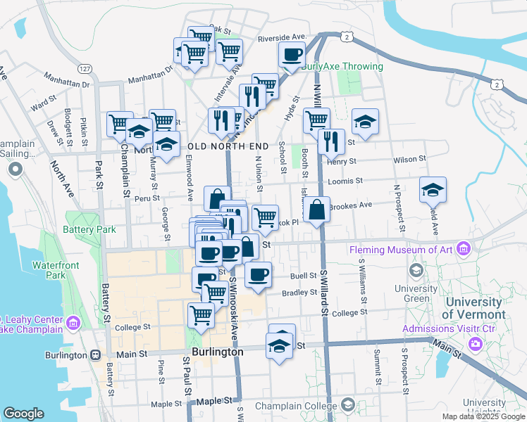 map of restaurants, bars, coffee shops, grocery stores, and more near 5 Loomis Street in Burlington