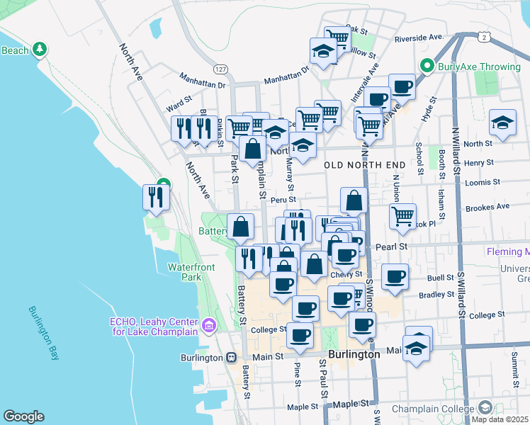 map of restaurants, bars, coffee shops, grocery stores, and more near 65 North Champlain Street in Burlington