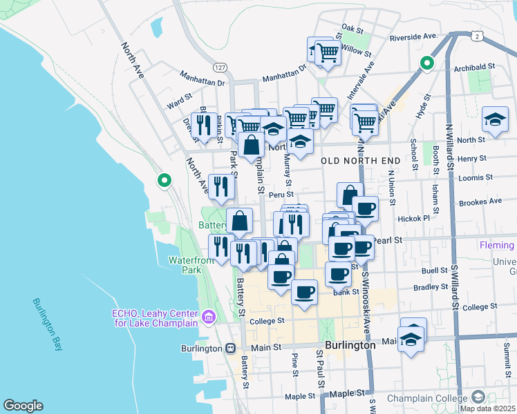 map of restaurants, bars, coffee shops, grocery stores, and more near 65 North Champlain Street in Burlington