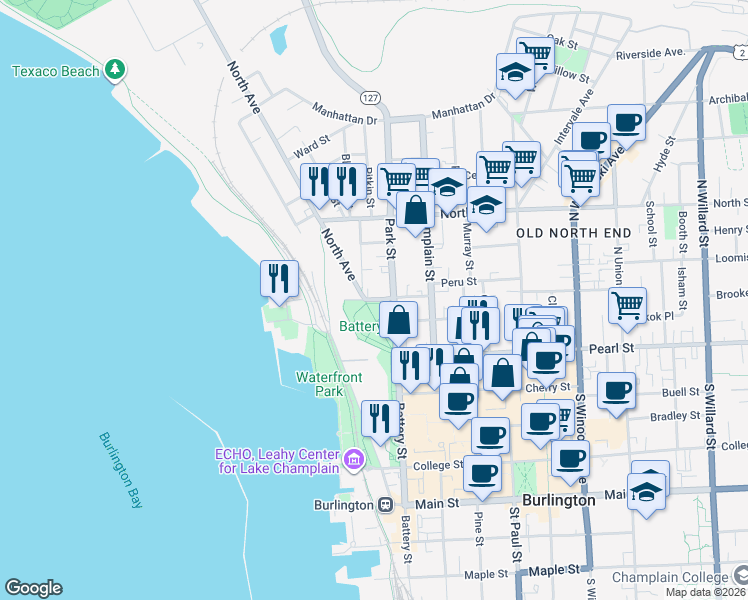 map of restaurants, bars, coffee shops, grocery stores, and more near 67 Park Street in Burlington