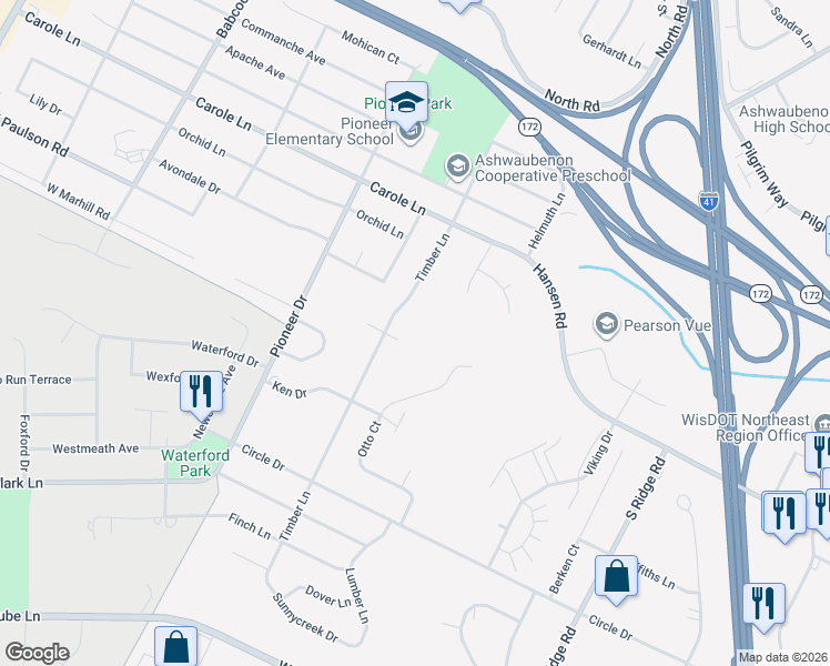 map of restaurants, bars, coffee shops, grocery stores, and more near 2723 Timber Lane in Green Bay